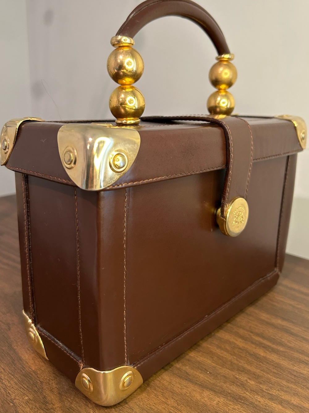 Vintage Gabbrielli Brown Leather Box Purse Gold Tone Structured Italy - Picture 4 of 10
